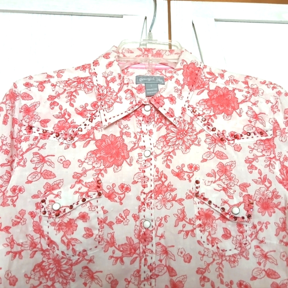 Cowgirl Up Vintage Western Pink Floral &   Rhinestone Button Up Shirt - L